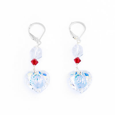 Swarovski Crystal Heart Dangle Earrings handcrafted by artist Debra Nelson. She has used sterling silver for the lever back hooks and Aurora Borealis Swarovski Crystal to create them. Each earring measures 1.75" x 0.55" including the hook.