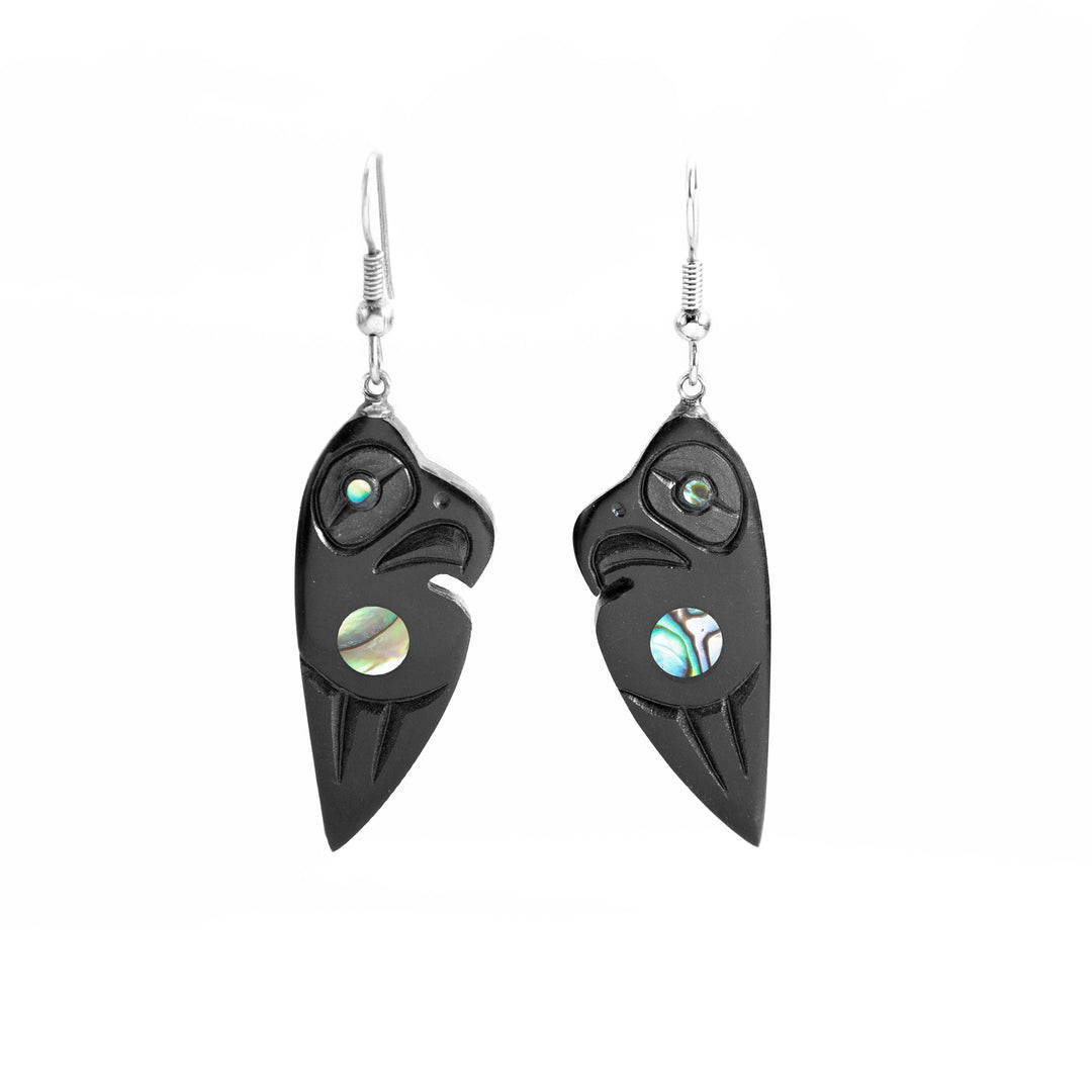 Argillite Eagle Wing Abalone Earrings hand carved by Haida artist, Amy Edgars.