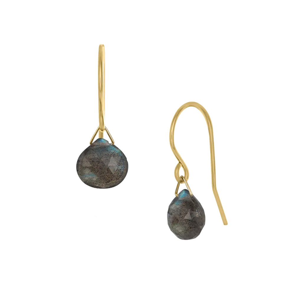 These dangling labradorite earrings are made form 14K gold fill and labradorite gemstones. The gems dangle from the hooks and are circle shaped.