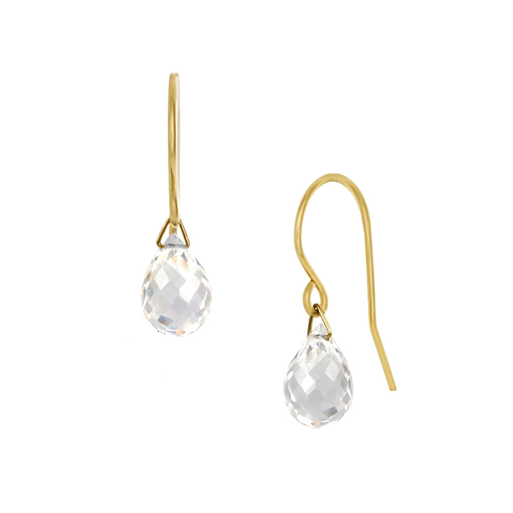 These dangling rock crystal earrings have teardrop shaped gems that are attached to 14K gold filled hooks. Rock crystal is the purest for of crystalline quartz. 