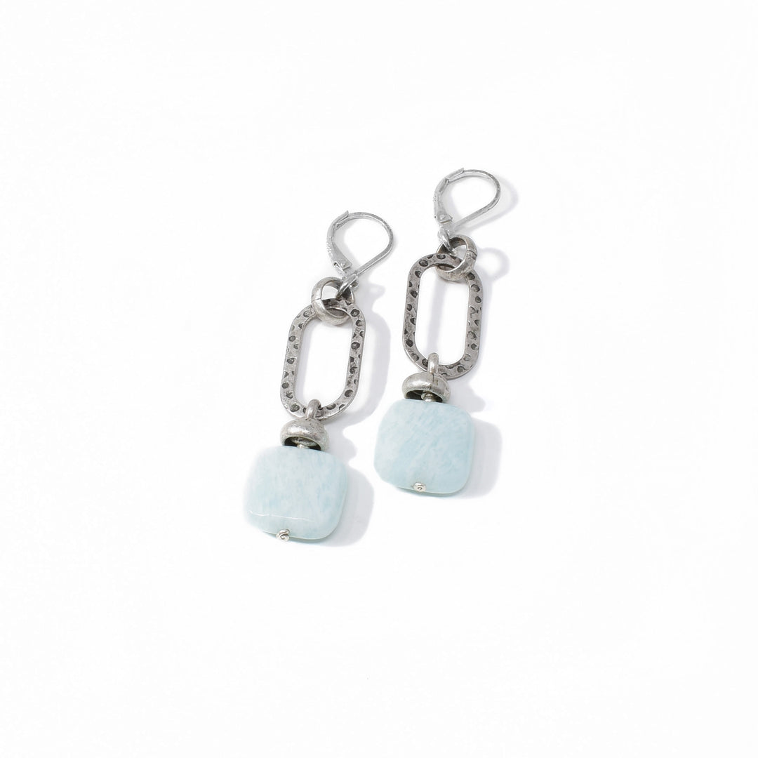 Funky lever back earrings handcrafted by artist Karley Smith. She has used antique silver and amazonite to create them. Ear hooks are sterling silver. Each earring measures 2.35" x 0.60" including hook.