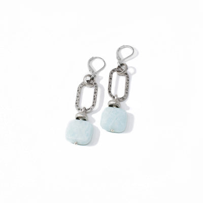 Funky lever back earrings handcrafted by artist Karley Smith. She has used antique silver and amazonite to create them. Ear hooks are sterling silver. Each earring measures 2.35" x 0.60" including hook.