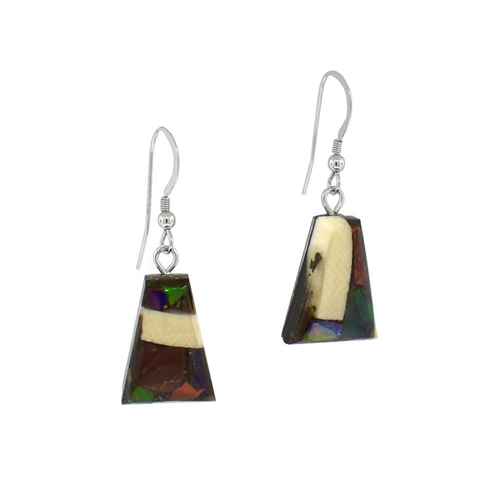 These unique ivory earrings are made from fossilized mammoth ivory, ammolite gemstones and sterling silver. The hangs are short, wide and tapered and are created by casting pieces of ammolite and mammoth ivory into the shape. The hooks are made from sterling silver.