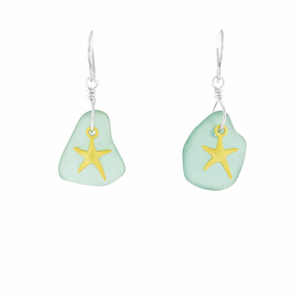 These sea glass earrings are made from sterling silver, gold vermeil and turquoise sea glass. The hangs have large sea glass pieces with gold vermeil starfish charms on the front of them. The hook ae made with sterling silver.