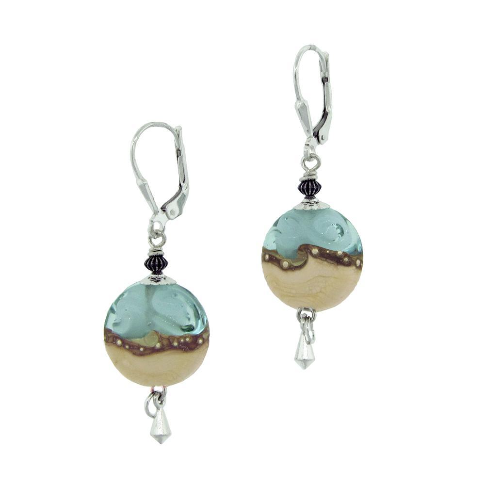 These dangling glass bead earrings are made from sterling silver and lampworked glass. There are colorful glass beads taht depict the sand and the sea with small embellishments above and below the beads.