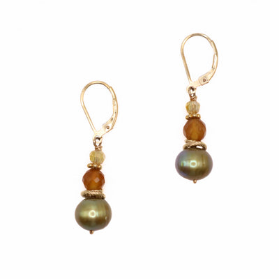 Gold Fill Carnelian Pearl Earrings hand crafted by artist Karley Smith.