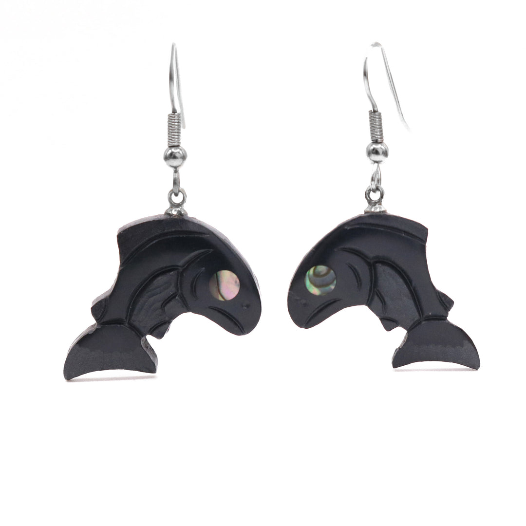 Argillite Salmon Earrings hand carved by Haida artist, Amy Edgars.