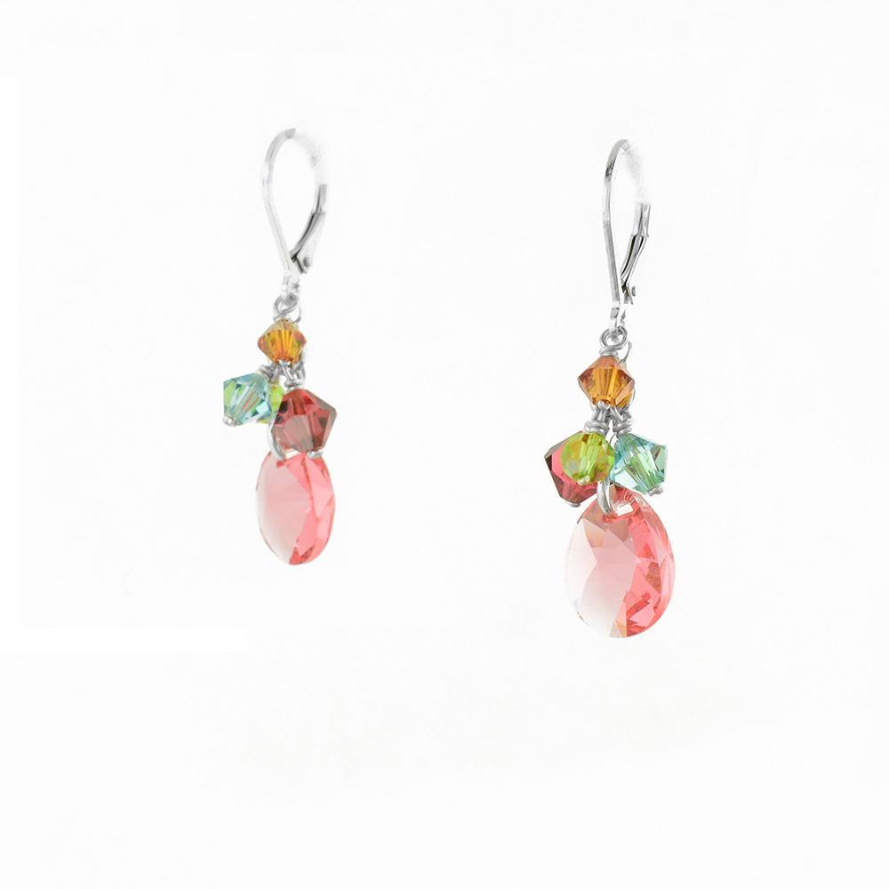 These crystal cluster earrings have hangs with oval pink Swarovski crystals and small, multi colored crystals above it. The hooks are made from sterling silver.