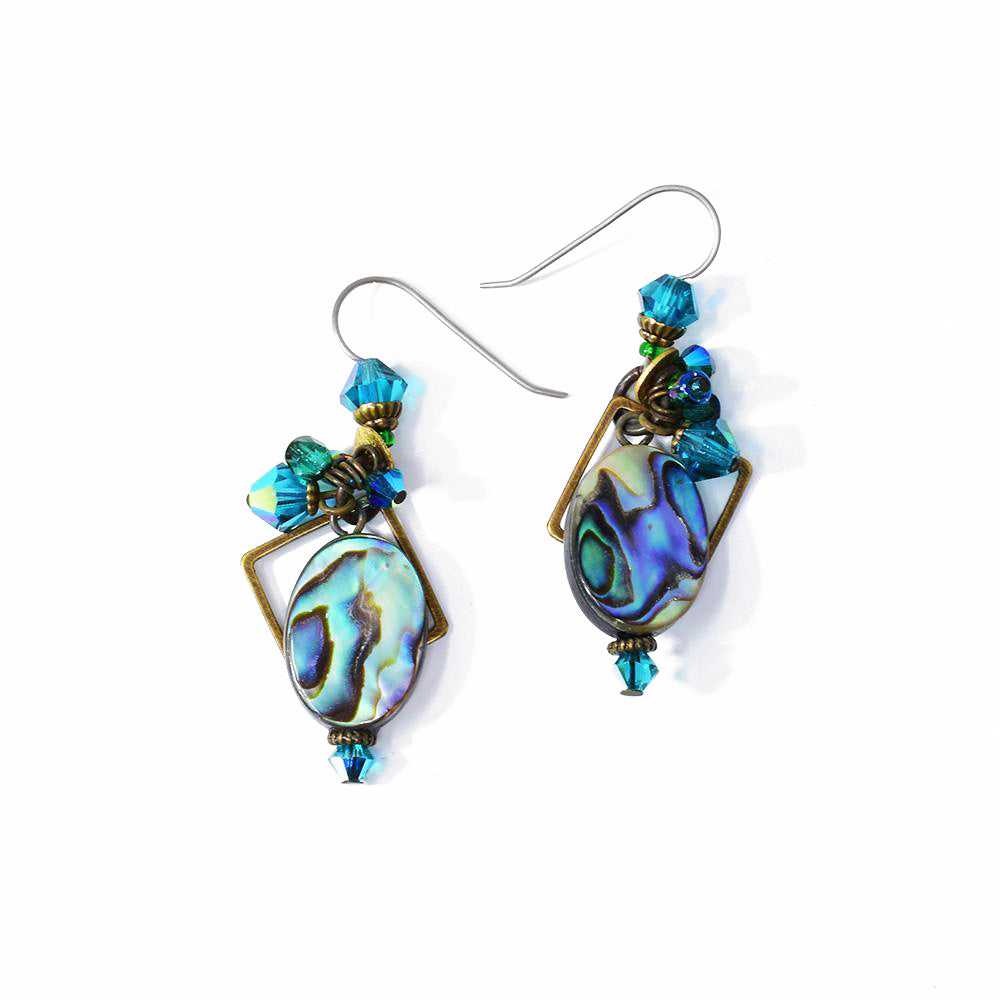 These unique abalone earrings have titanium hooks, rectangular brass hangs, blue swarovski crystal dangles, and large oval abalone hangs.