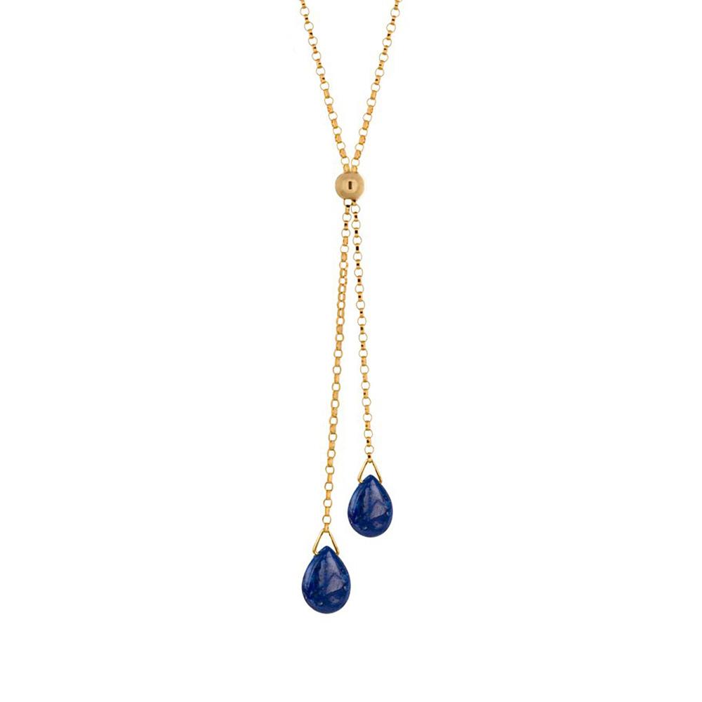 This gold lariat necklace is made from 14K gold fill and lapis lazuli gemstones. There are two lariats that dangle below the dainty chain necklace and there are teardrop shaped lapis gems on the end of them.