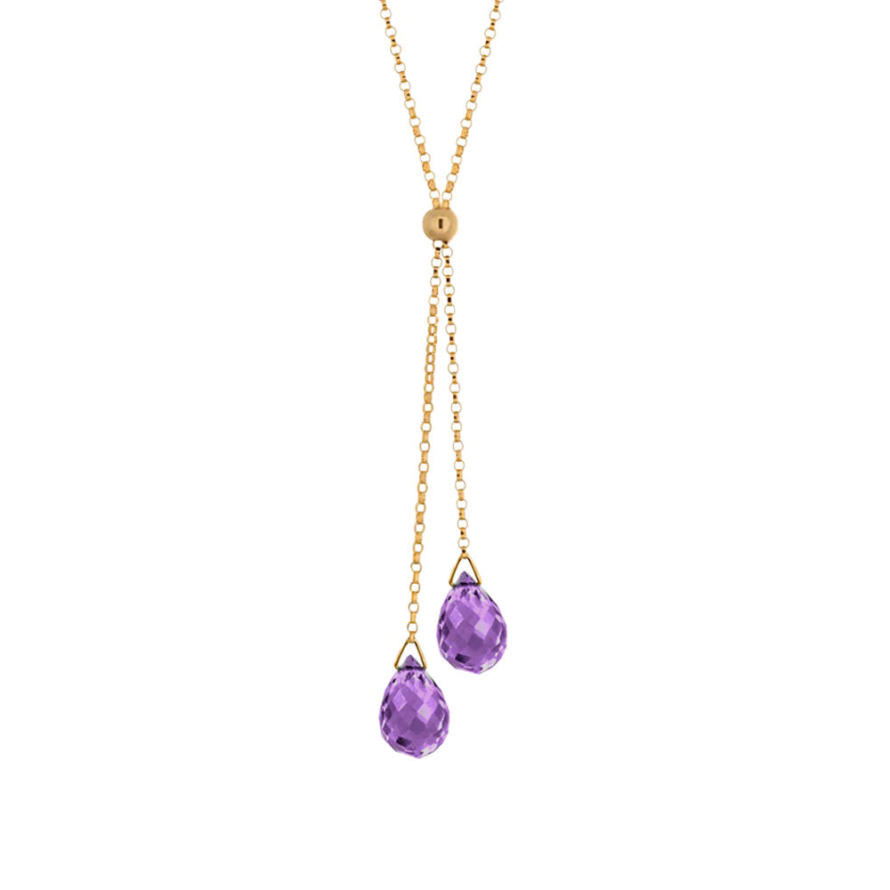 This elegant amethyst necklace is made using 14K gold fill and genuine amethyst gemstones. The gems are teardrop shaped and are displayed from two lariats hanging below the necklace.
