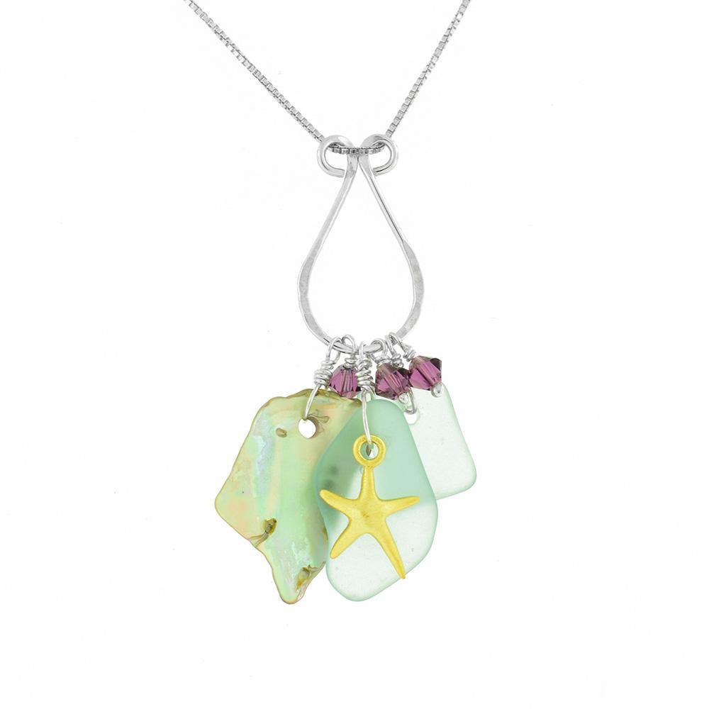 This sea glass necklace is made from sterling silver, gold vermeil, abalone, Swarovski crystals and sea glass. The pendant has a large, teardrop shaped jump ring with sea glass, crystals, abalone and a gold vermeil starfish dangling from it. There is a sterling silver box chain included.