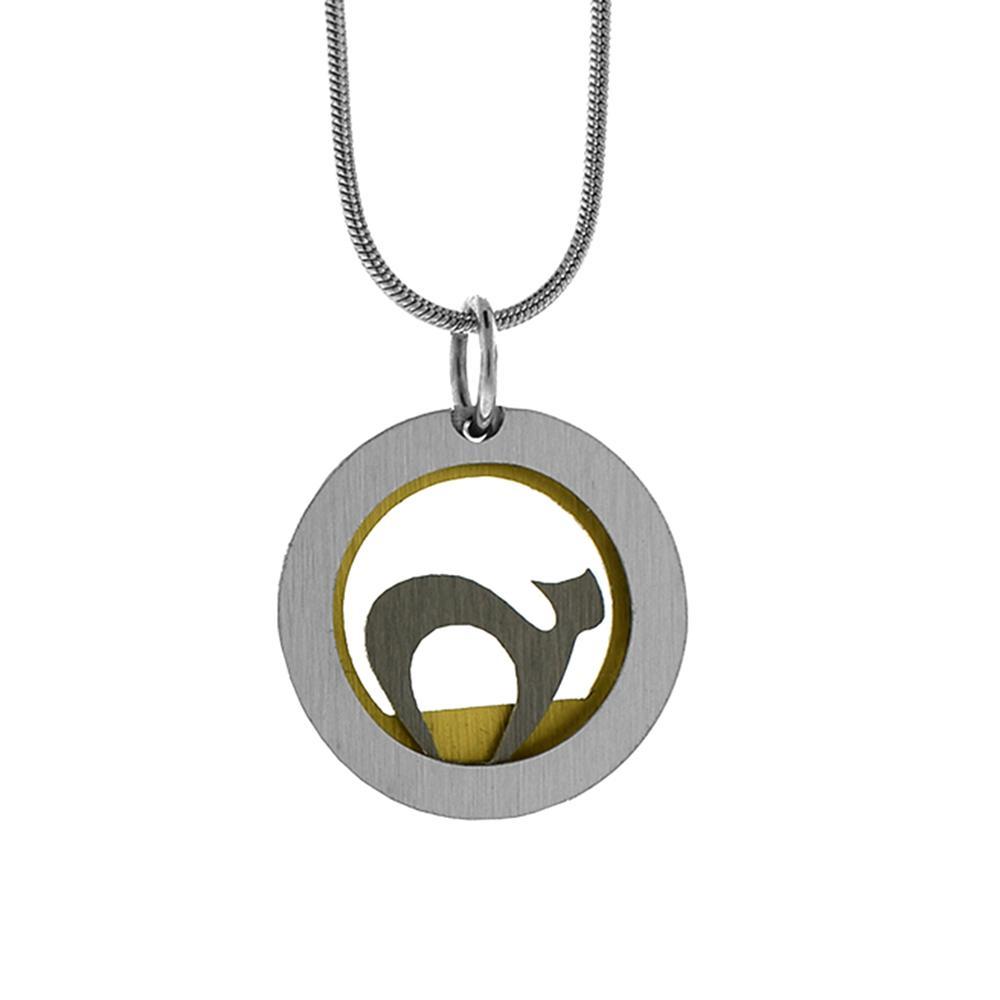 This cat pendant necklace is made from brushed aluminum, anodized aluminum and stainless steel. The pendant is a small circle and has layers that depict a cut cat.