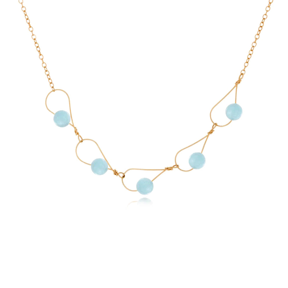 This aquamarine necklace is made form 14K gold fill and genuine aquamarine gems. There are 5 large, teardrop shaped chain links that each feature an aquamarine bead.