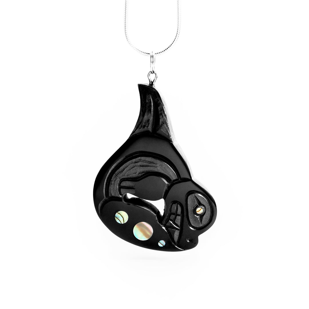 Argillite Breaching Orca Pendant (facing the right) hand carved by Haida artist Amy Egdars.