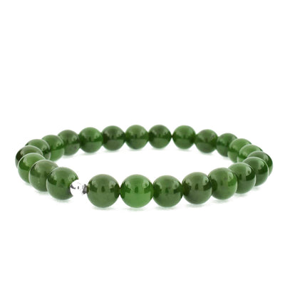 This BC Jade Bracelet is made by artist Pamela Lauz.  Pamela has strung 8mm BC jade beads with a single silver bead on an elastic cord. Suitable for most sized wrists.