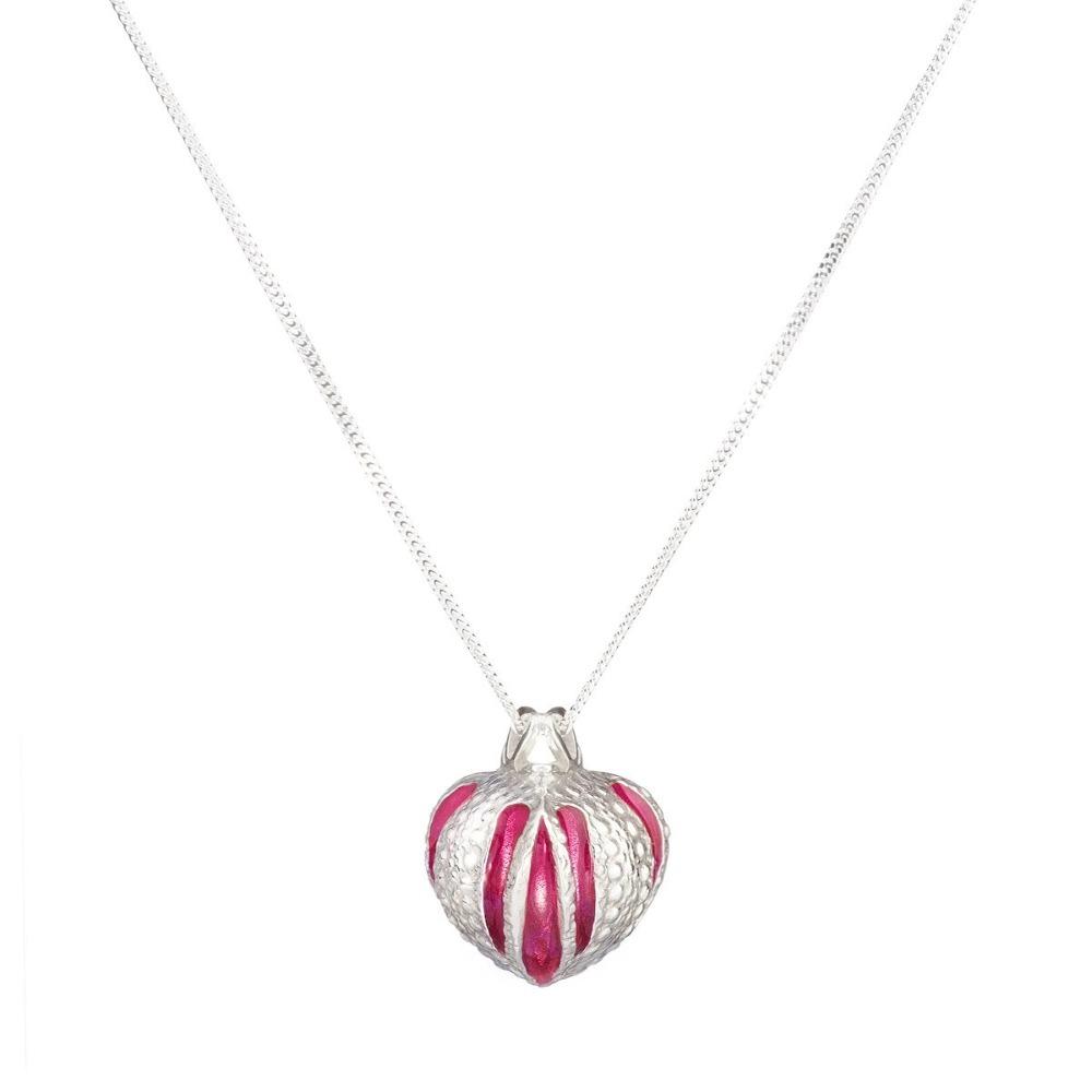 This dainty pendant necklace is made from sterling silver and resin with a sphere shaped pendant. There are vertical, red designs along the pendant created from resin.