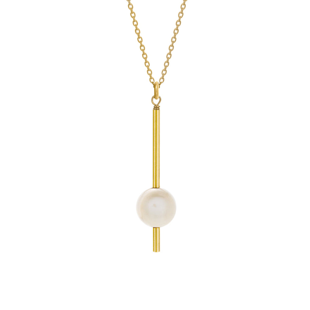 This 14K Gold Fill White Pearl Pendulum Necklace is handcrafted by artist Pamela Lauz. She has used 14K Gold Fill and White Pearl to create this piece.  The pendant measures 1.75" x 0.40" including the bail.  The gold chain is included.