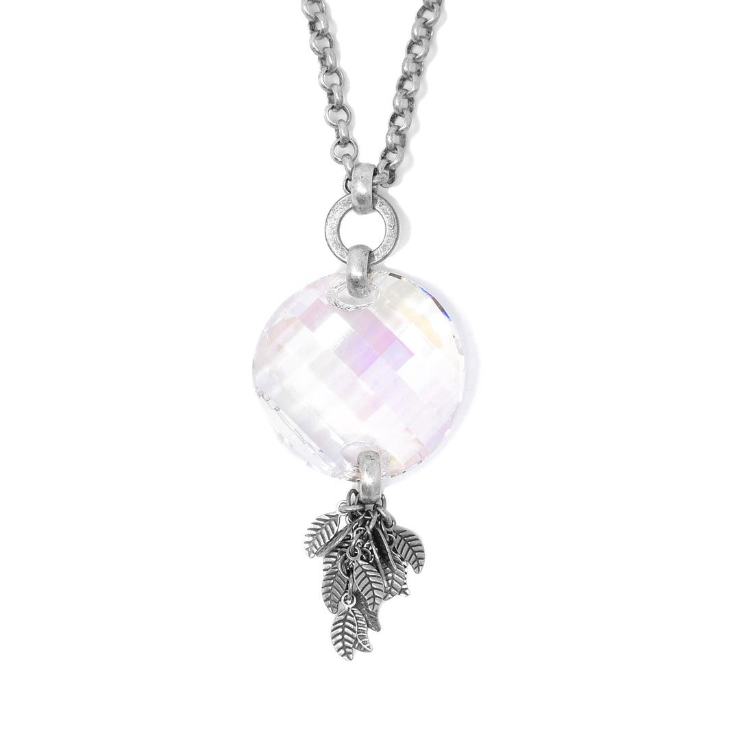 This necklace is hand-crafted by artist Karley Smith. The pendant is made up of a Swarovski Crystal and antique silver. The chain is antique silver as well.  The pendant measures 2.75" x 1.13" including the bail and the chain is 24" long.
