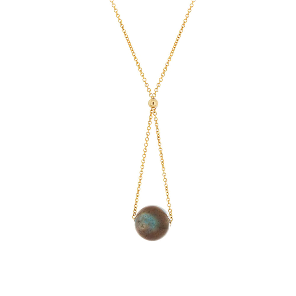 This lariat gemstone necklace is hand crafted by artist Pamela Lauz. The necklace is made using 14k gold-filled chain and genuine labradorite.  The necklace is 17" long and the pendant measures 1.5" x 0.5".