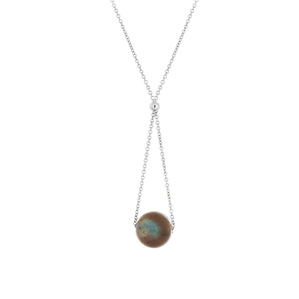 This lariat labradorite necklace is hand crafted by artist Pamela Lauz. The necklace is made using sterling silver chain and genuine labradorite.  The necklace is 17" long and the pendant measures 1.5" x 0.5".
