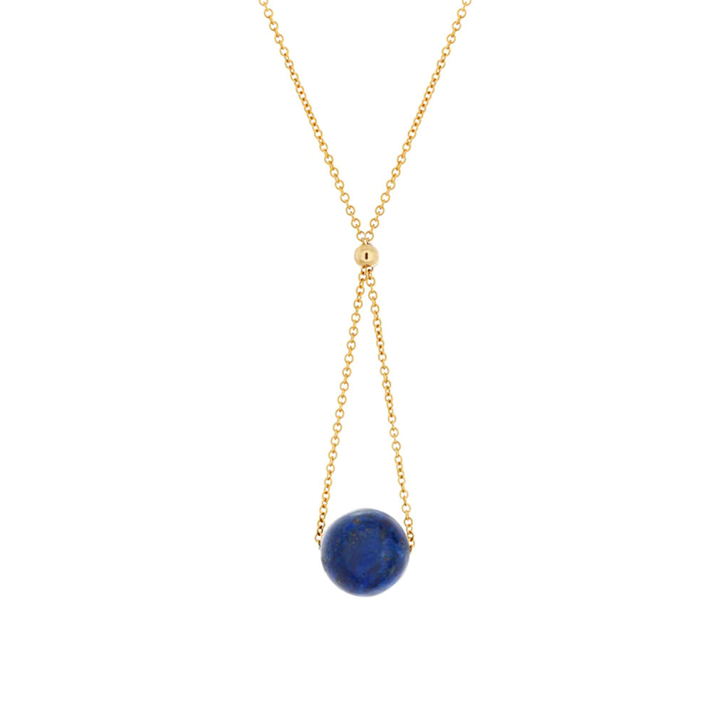 This lapis lazuli bead necklace has a sphere, gem bead hanging down from the necklace on a lariat. The dainty, 14K gold filled chain runs through the bead and gives is a chandelier look. 