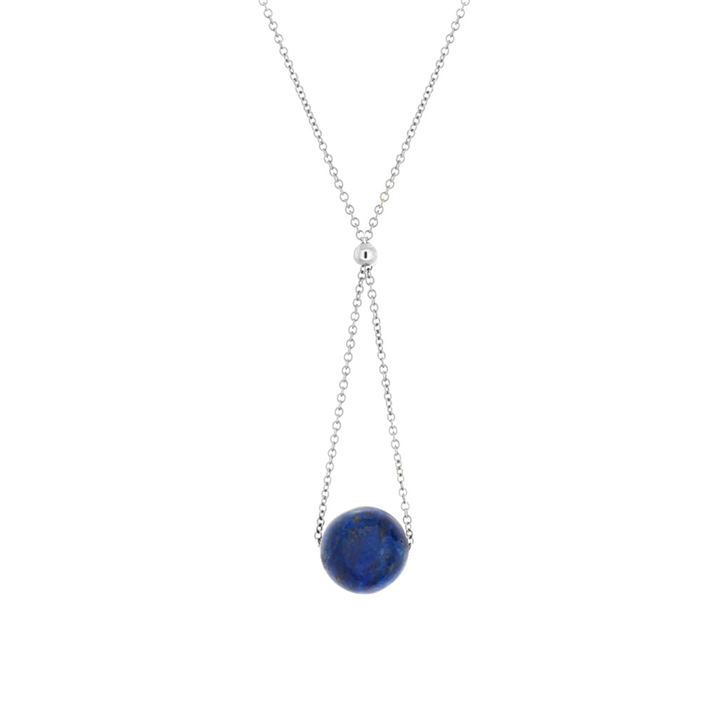 This lapis lazuli bead necklace has a sphere, gem bead hanging down from the necklace on a lariat. The dainty sterling silver chain runs through the bead and gives is a chandelier look.