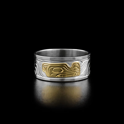 14K Gold and Sterling Silver 3/8" Wolf Ring by Victoria Harper. The design depicts the profile of a wolf's head in the center of the ring made out of 14k gold. There are intricate designs on both the left and right of the wolf's head made from sterling silver.