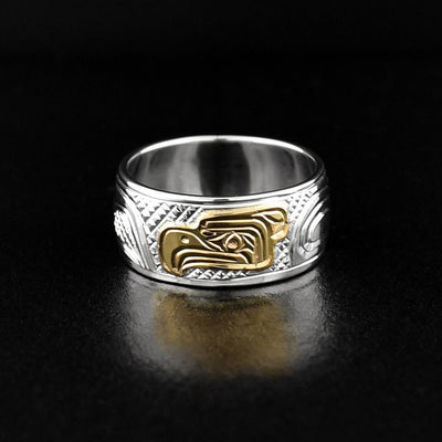 Wide Hand Carved Silver and 14K Gold Eagle Ring - Artina's Jewellery