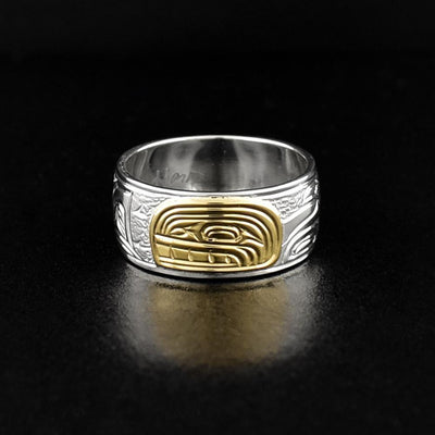 Wide Hand Carved Silver and Gold Orca Ring - Artina's Jewellery