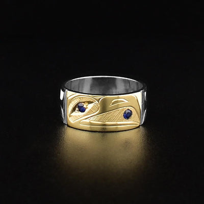 Silver and Gold Raven Ring with Sapphires