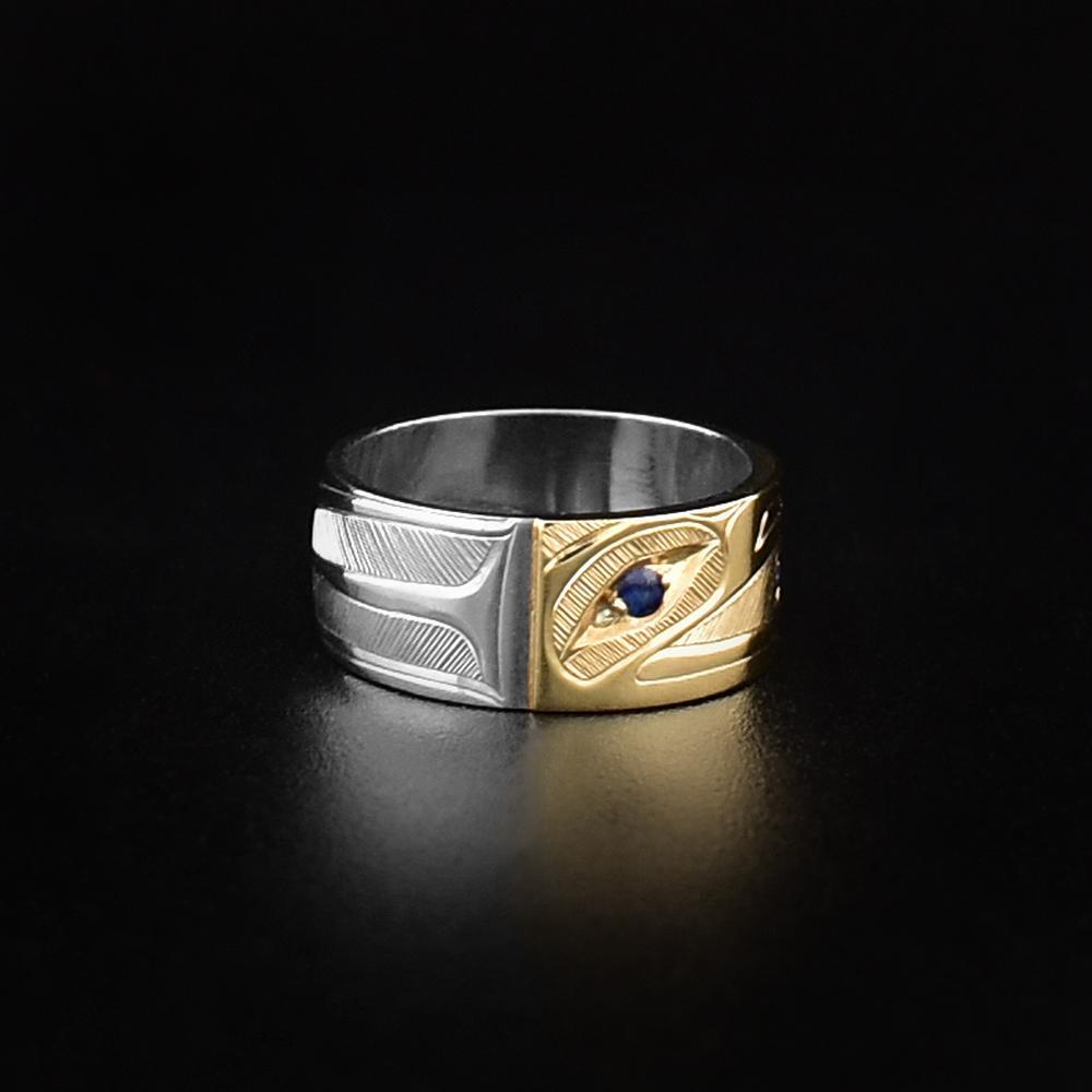 Silver and Gold Raven Ring with Sapphires
