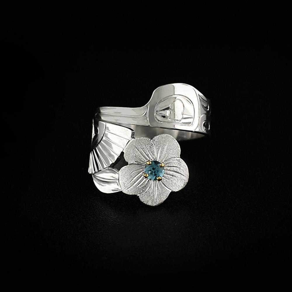 Silver Hummingbird Wrap Ring with Blue Topaz and Wild Rose