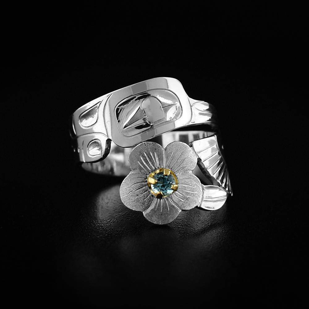 Silver Hummingbird Wrap Ring with Blue Topaz and Wild Rose