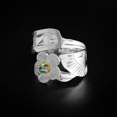 Silver Hummingbird Wrap Ring with Blue Topaz and Wild Rose