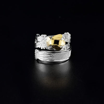 14K Gold and Sterling Silver Hummingbird on Daisies Ring