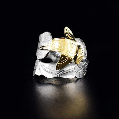 Sterling Silver Hibiscus Wrap Ring with 14K Gold Hummingbird