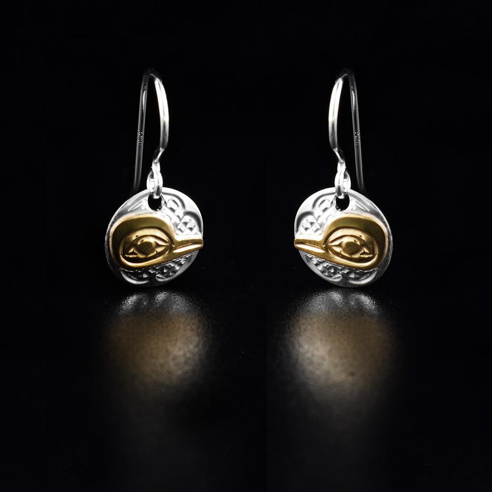 14K Gold and Sterling Silver Hummingbird Round Mini Dangle Earrings