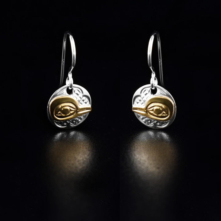 14K Gold and Sterling Silver Hummingbird Round Mini Dangle Earrings