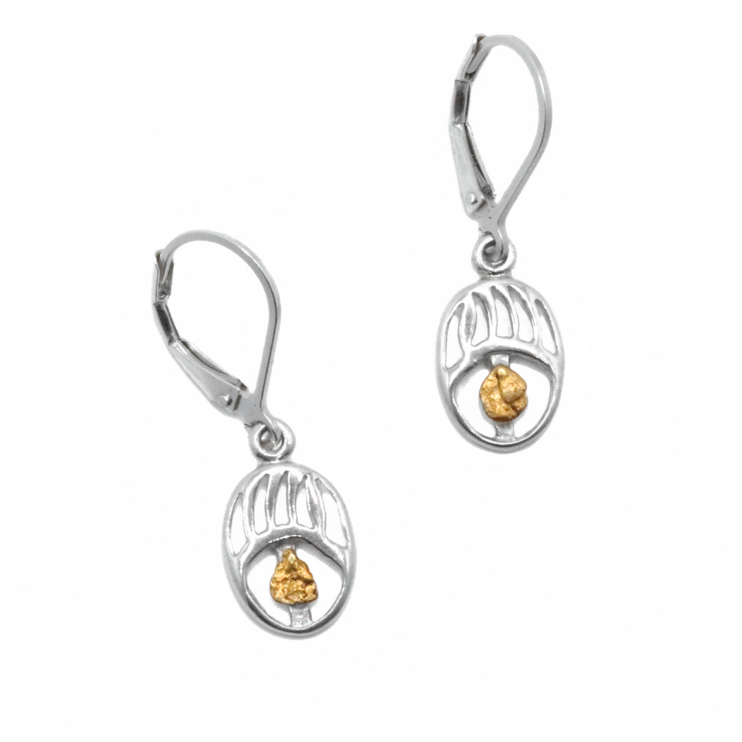 22K Gold Nugget Oval Bear Paw Earrings by Tom Gregorczyk. Each earring is in an oval shape with the inner design resembling the paw of a bear. The gold nuggets are in the bottom center of each earring in abstract shapes. Above each nugget are 3 claws.