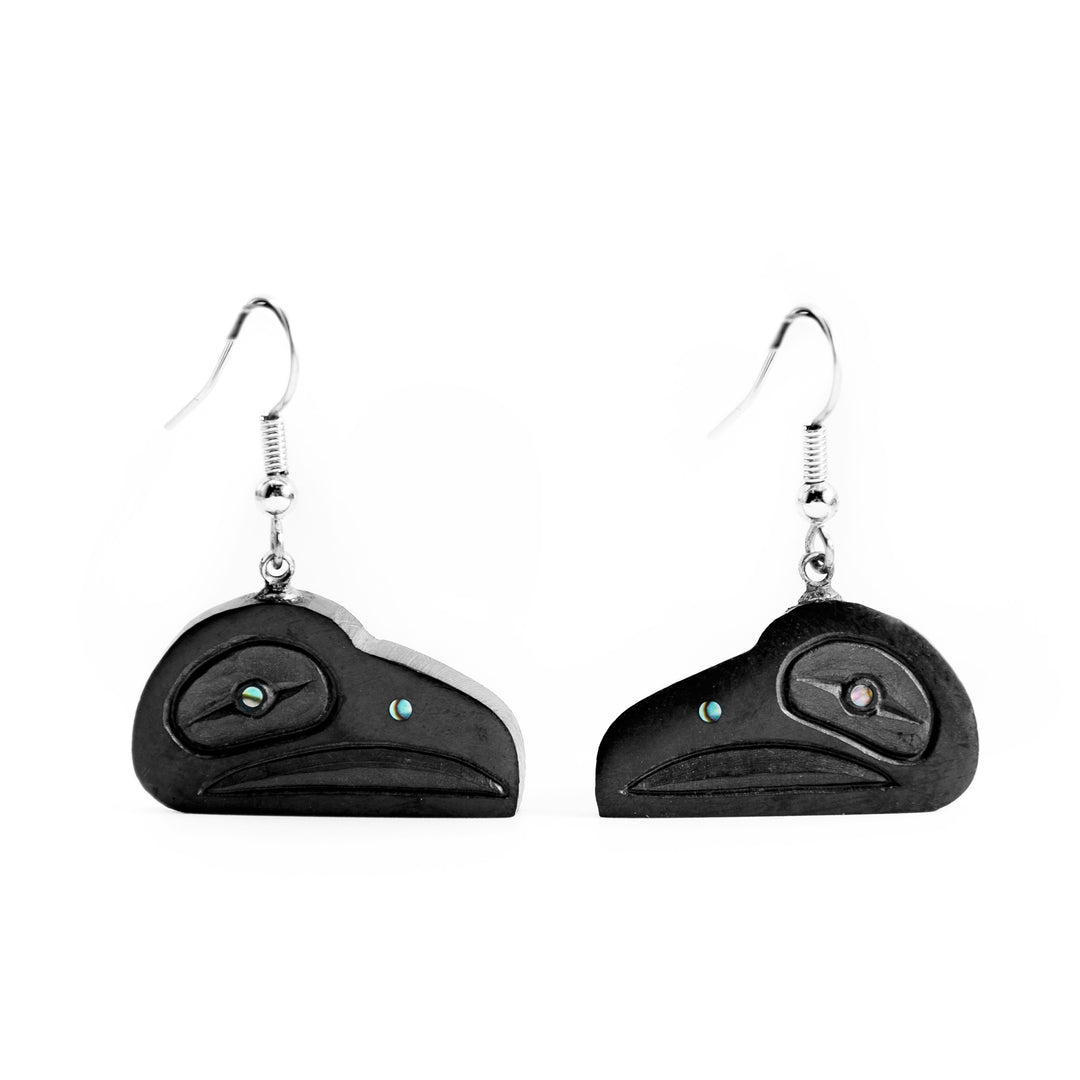 Argillite Raven Head Earrings hand carved by Haida artist, Amy Edgars.