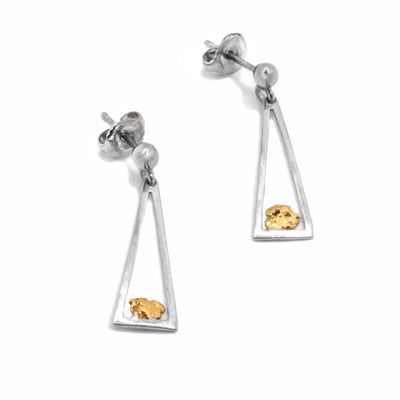 22K Gold Nugget Triangle Stud Earrings by Tom Gregorczyk. Each earring is in a long, triangular shape with a small 22k gold nugget attached to bottom line of each triangle.