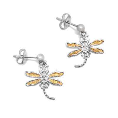 22K Gold Nugget Dragonfly Stud Earrings by Tom Gregorczyk. Each earring was handcrafted to resemble a small dragonfly in flight with its wings spread out. Each dragonfly has 4 wings and the artist has placed 22k gold nuggets in the center of each wing. The rest of the earring is made from sterling silver.