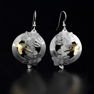 14K Gold and Sterling Silver Hummingbird on Dogwood Earrings