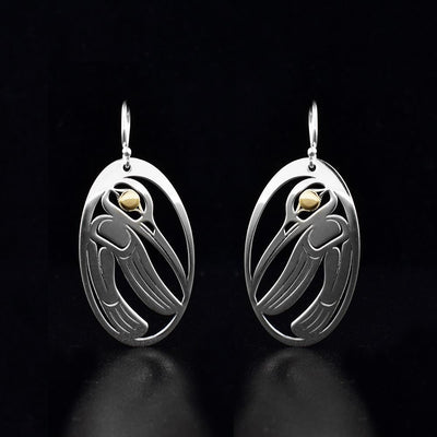 18K Gold and Sterling Silver Oval Hummingbird Earrings