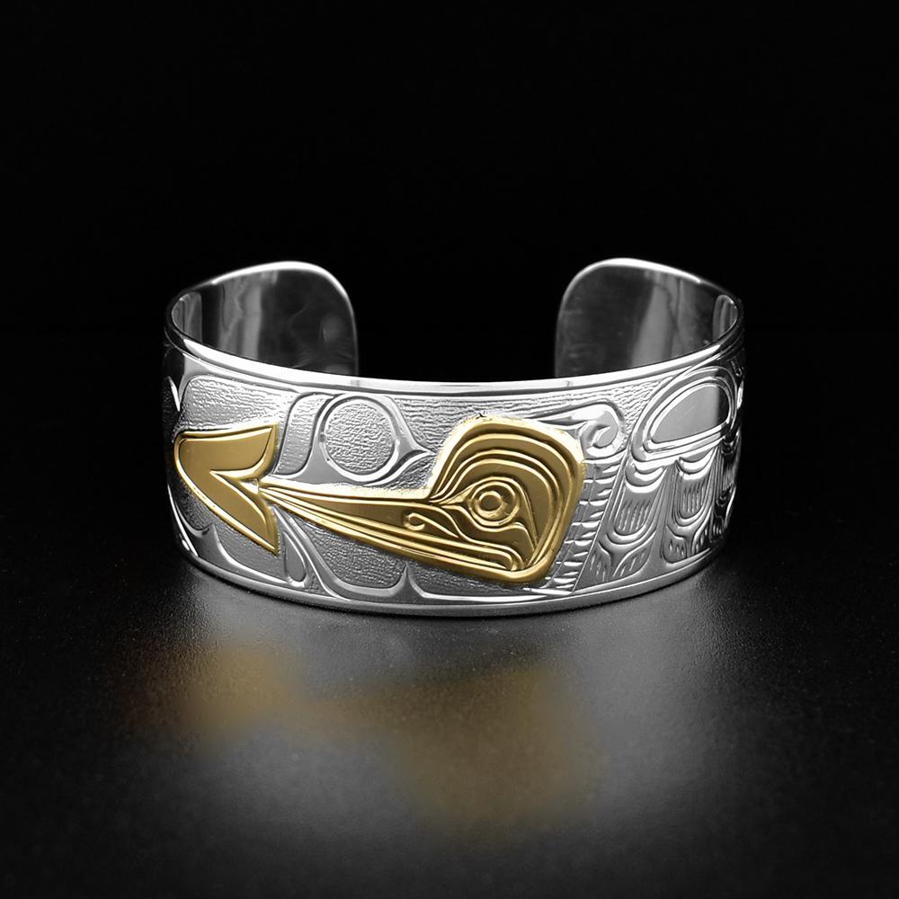 1 inch Hummingbird Silver and Gold Bracelet is hand carved