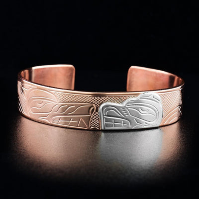half inch copper and sterling silver bear and wolf cuff bracelet