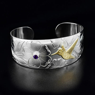 1 inch sterling silver and 10K gold hummingbird amethyst cuff bracelet