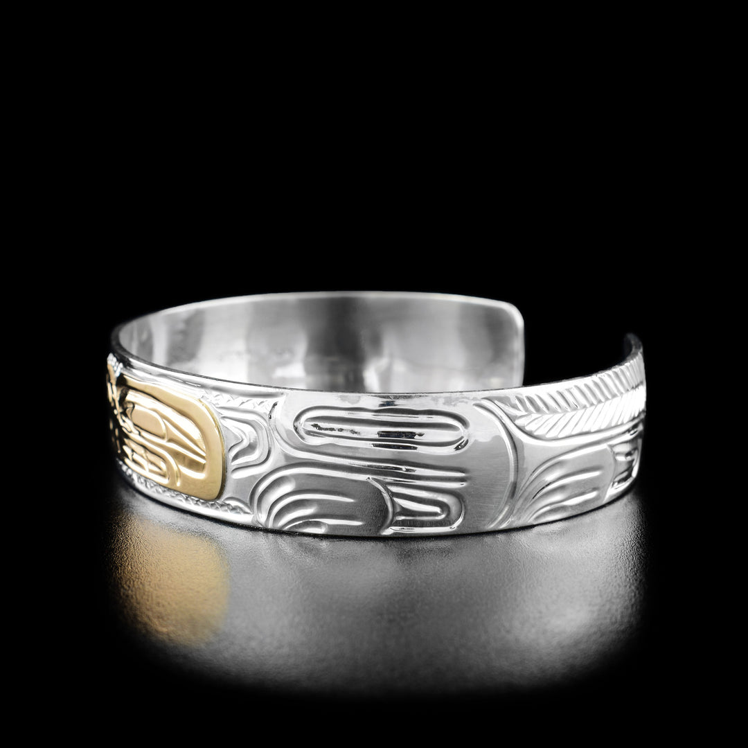 Right angle photo of the wolf bracelet shows the wolf's long body, paws, and fur.