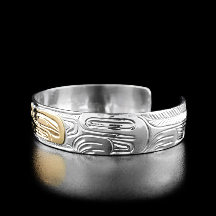 Right angle photo of the wolf bracelet shows the wolf's long body, paws, and fur.